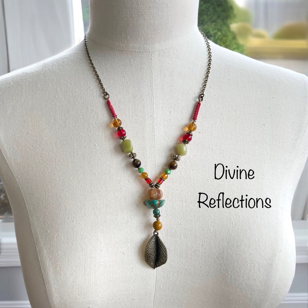 Leaf Pendant Necklace,Knotted Multi Gemstone Necklace,Brass Chain